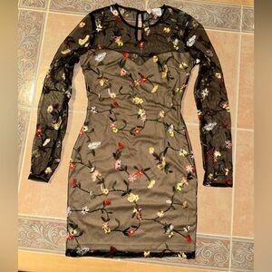 L'ATISTE Black Floral Embroidered Long Sleeve Dress